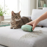 Flowroll retirando el pelo de mascota de un sofá mientras un gato descansa a su lado